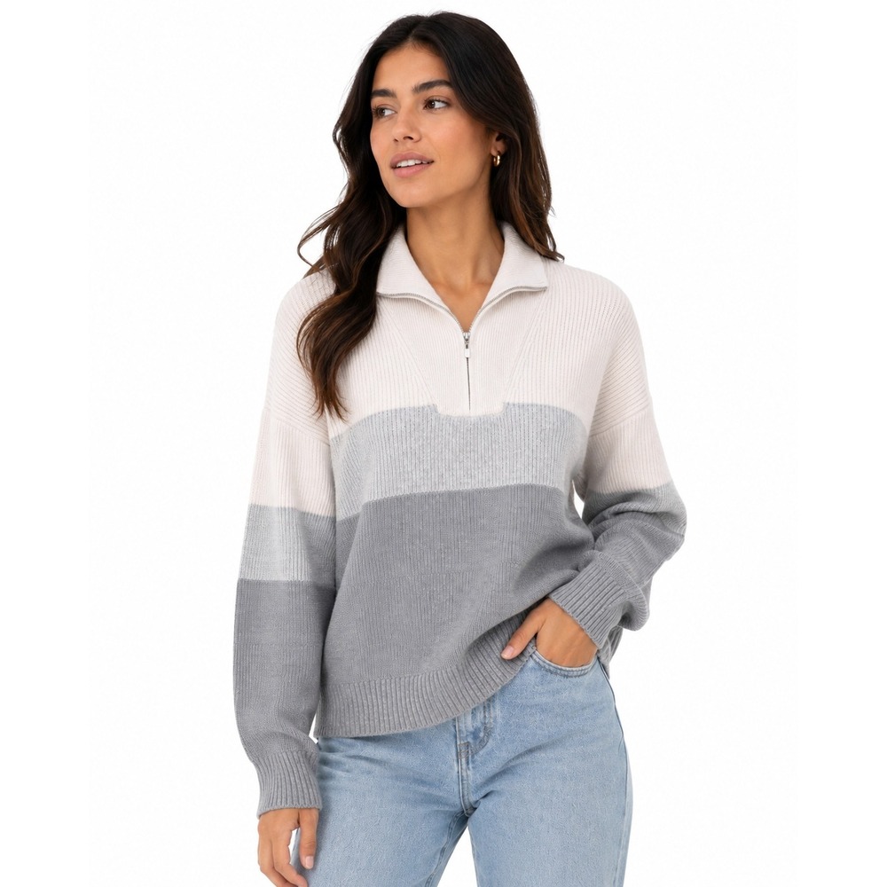 Becool Womens Colorblock Ribbed Quarter Zip Sweater Grey White Size M/L Preppy